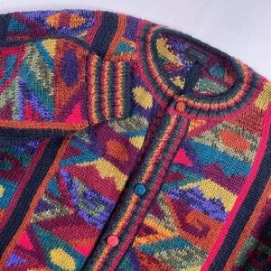 Perez Vintage Colorful Geometric Knit Button Up Cardigan Sweater Women Flaw
